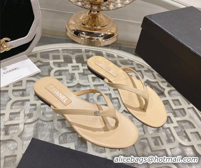 Unique Style Chanel Leather Flat Thong Slide Sandals with Crystal CC Beige 425045