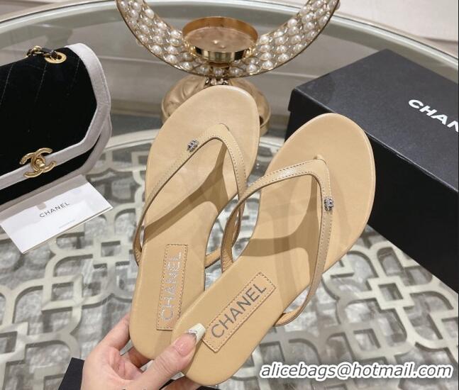 Unique Style Chanel Leather Flat Thong Slide Sandals with Crystal CC Beige 425045