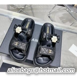 Purchase Chanel Calfskin Strap Flat Slide Sandals with Bow and Pearls Black 425046