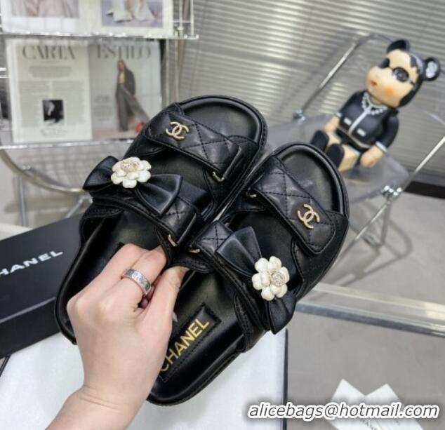 Purchase Chanel Calfskin Strap Flat Slide Sandals with Bow and Pearls Black 425046