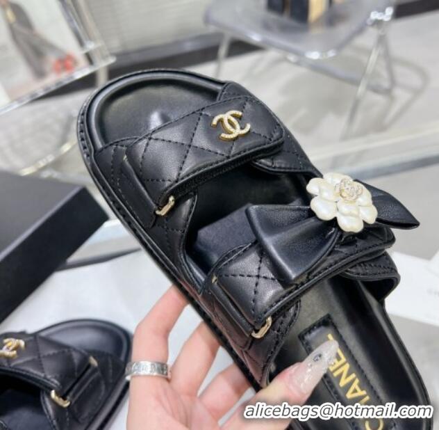 Purchase Chanel Calfskin Strap Flat Slide Sandals with Bow and Pearls Black 425046