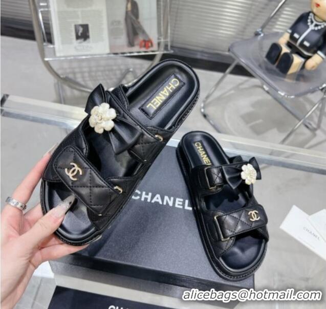 Purchase Chanel Calfskin Strap Flat Slide Sandals with Bow and Pearls Black 425046