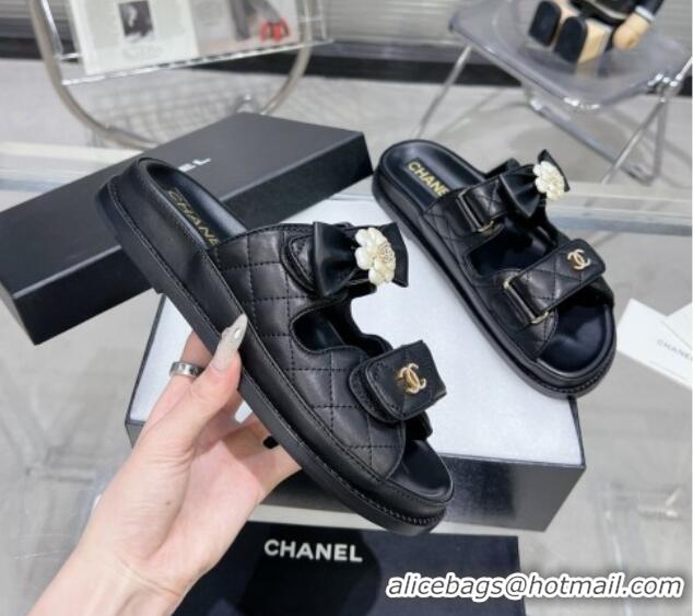 Purchase Chanel Calfskin Strap Flat Slide Sandals with Bow and Pearls Black 425046