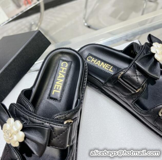 Purchase Chanel Calfskin Strap Flat Slide Sandals with Bow and Pearls Black 425046