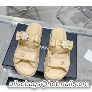 Good Quality Chanel Calfskin Strap Flat Slide Sandals with Bow and Pearls Beige 425047