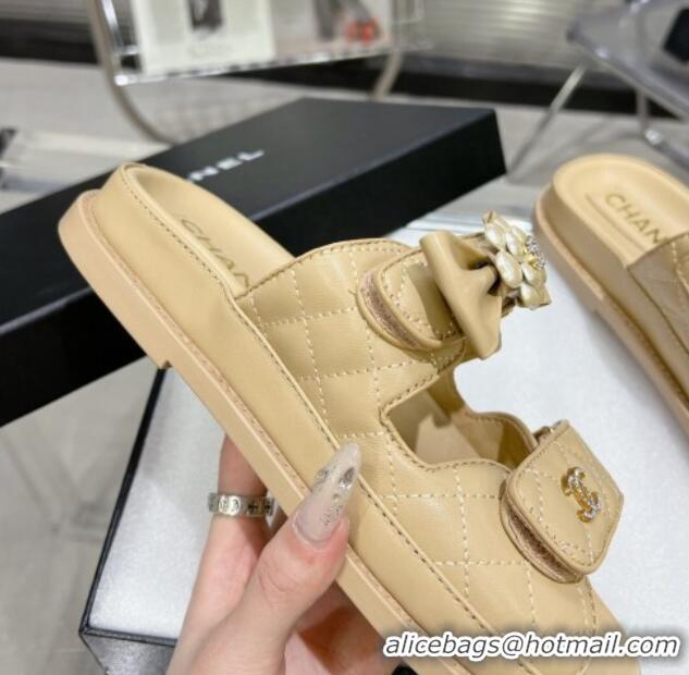 Good Quality Chanel Calfskin Strap Flat Slide Sandals with Bow and Pearls Beige 425047