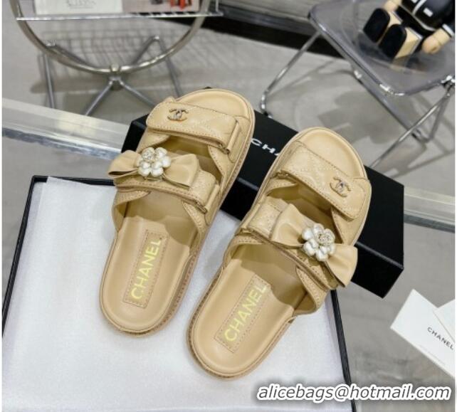 Good Quality Chanel Calfskin Strap Flat Slide Sandals with Bow and Pearls Beige 425047