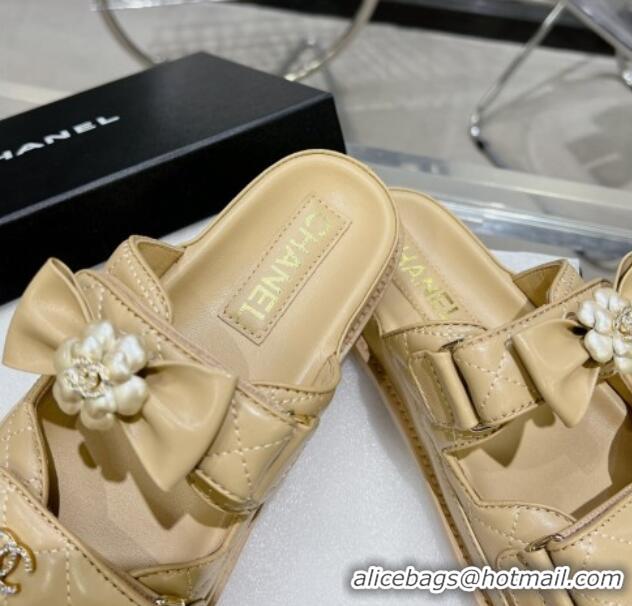 Good Quality Chanel Calfskin Strap Flat Slide Sandals with Bow and Pearls Beige 425047