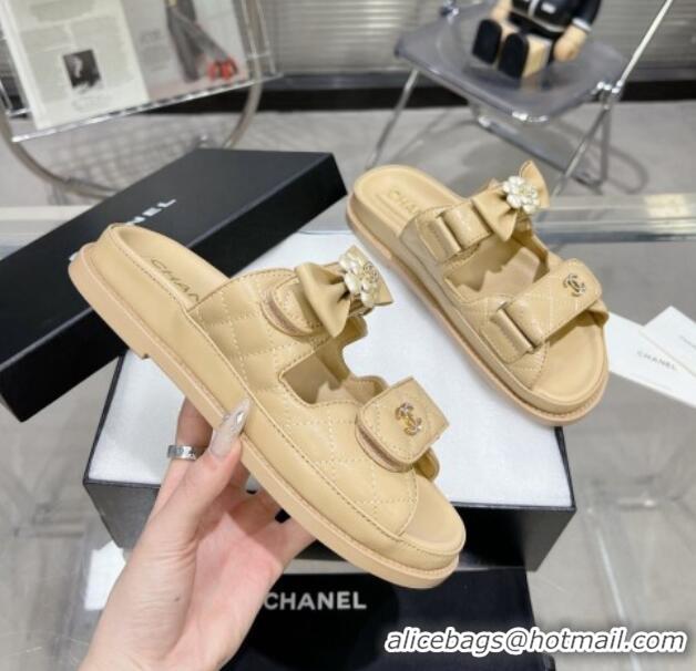 Good Quality Chanel Calfskin Strap Flat Slide Sandals with Bow and Pearls Beige 425047