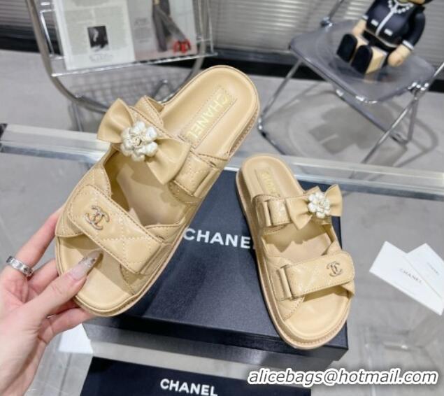 Good Quality Chanel Calfskin Strap Flat Slide Sandals with Bow and Pearls Beige 425047