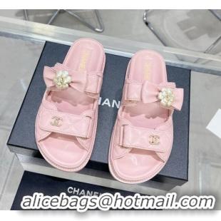 Best Product Chanel Calfskin Strap Flat Slide Sandals with Bow and Pearls Pink 425048