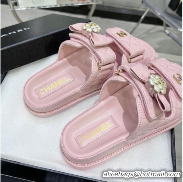 Best Product Chanel Calfskin Strap Flat Slide Sandals with Bow and Pearls Pink 425048