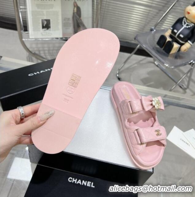 Best Product Chanel Calfskin Strap Flat Slide Sandals with Bow and Pearls Pink 425048