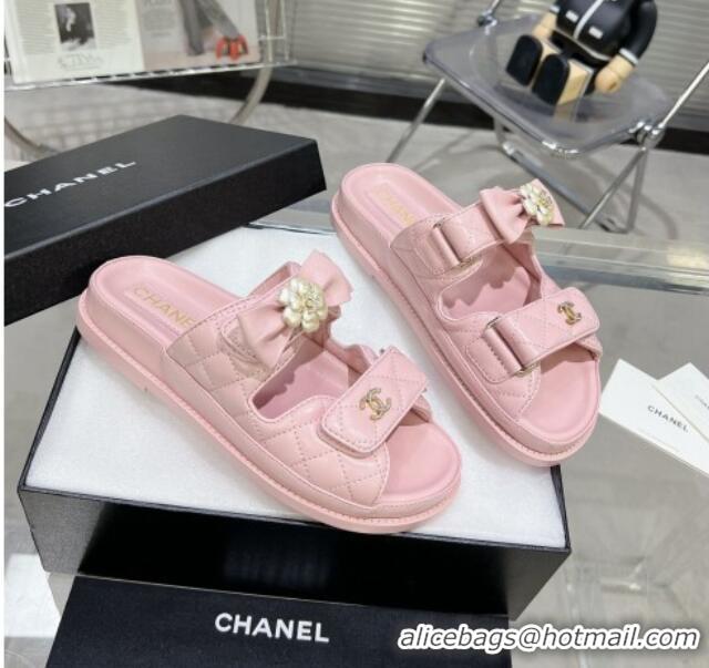 Best Product Chanel Calfskin Strap Flat Slide Sandals with Bow and Pearls Pink 425048