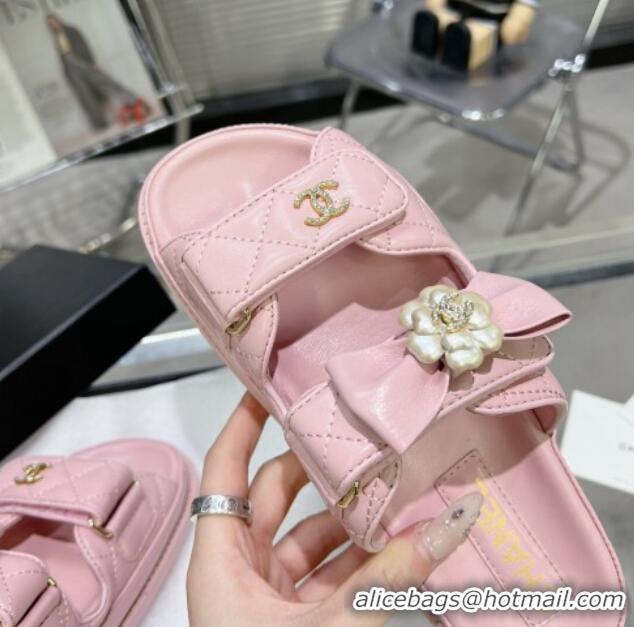 Best Product Chanel Calfskin Strap Flat Slide Sandals with Bow and Pearls Pink 425048