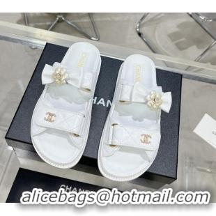 Grade Quality Chanel Calfskin Strap Flat Slide Sandals with Bow and Pearls White 425049