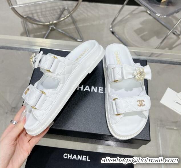 Grade Quality Chanel Calfskin Strap Flat Slide Sandals with Bow and Pearls White 425049