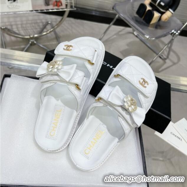 Grade Quality Chanel Calfskin Strap Flat Slide Sandals with Bow and Pearls White 425049