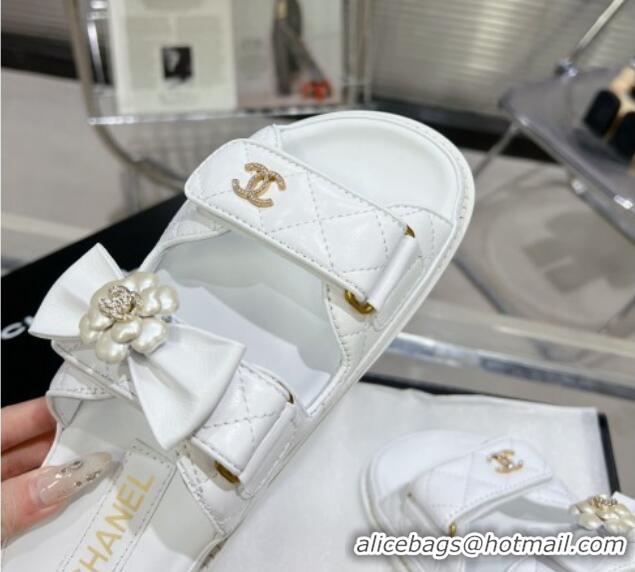 Grade Quality Chanel Calfskin Strap Flat Slide Sandals with Bow and Pearls White 425049