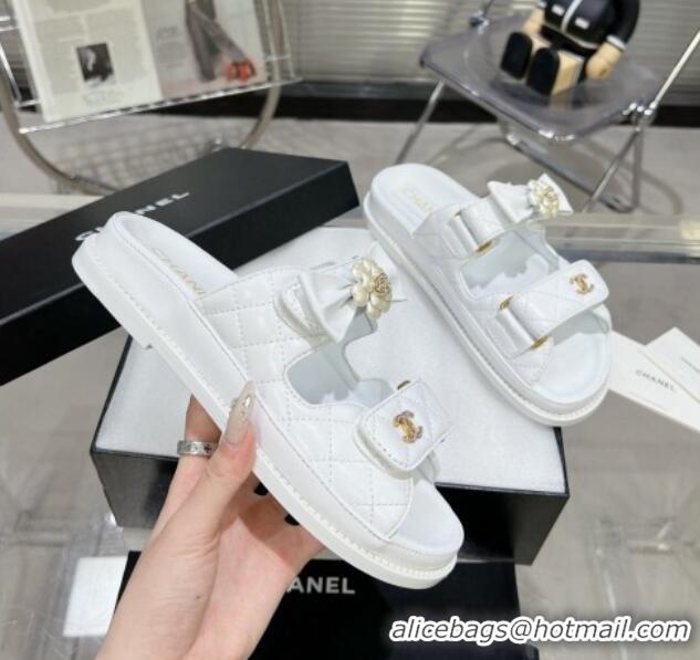 Grade Quality Chanel Calfskin Strap Flat Slide Sandals with Bow and Pearls White 425049