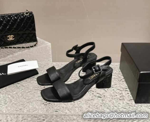 Low Price Chanel Lambskin Heel Sandals 6cm Black 425050