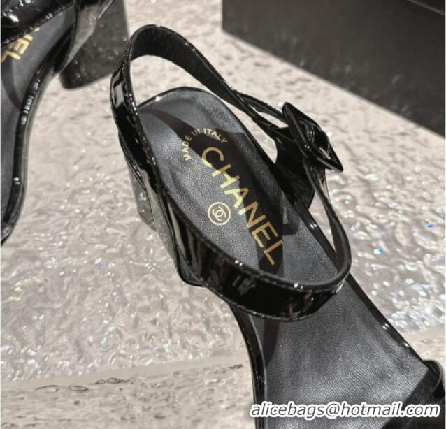 Good Looking Chanel Patent Calfskin Heel Sandals 6cm Black 425051