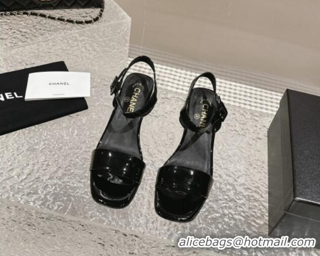 Good Looking Chanel Patent Calfskin Heel Sandals 6cm Black 425051