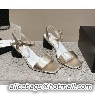 Stylish Chanel Calfskin Heel Sandals 6cm Gold 425052