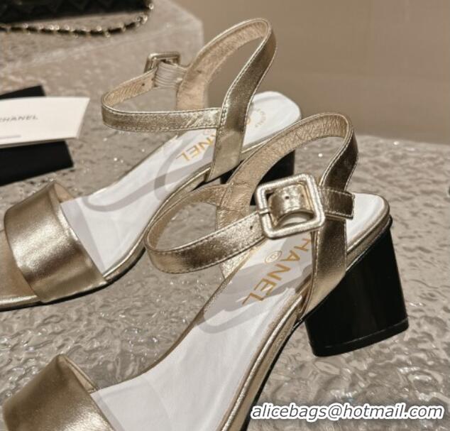 Stylish Chanel Calfskin Heel Sandals 6cm Gold 425052