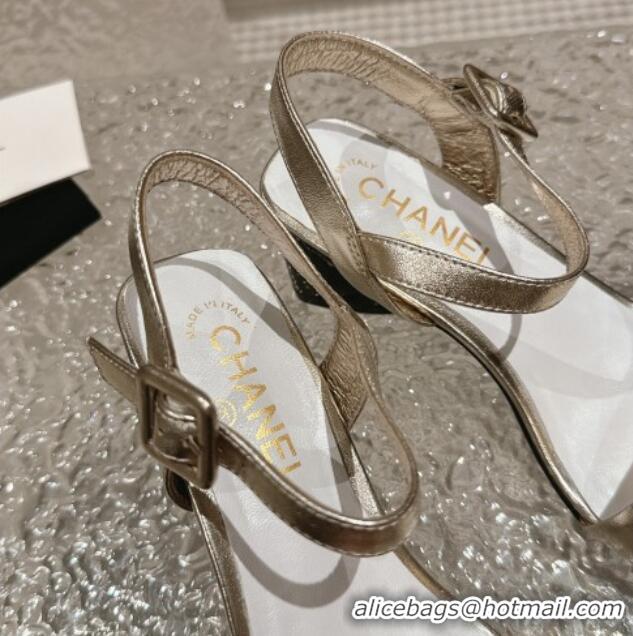 Stylish Chanel Calfskin Heel Sandals 6cm Gold 425052