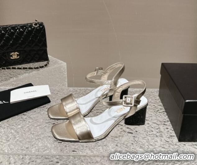 Stylish Chanel Calfskin Heel Sandals 6cm Gold 425052