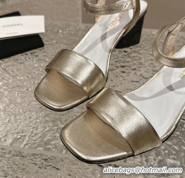 Stylish Chanel Calfskin Heel Sandals 6cm Gold 425052