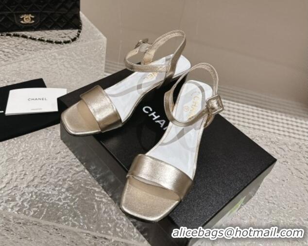 Stylish Chanel Calfskin Heel Sandals 6cm Gold 425052