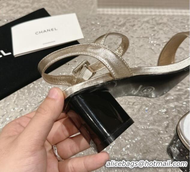 Stylish Chanel Calfskin Heel Sandals 6cm Gold 425052