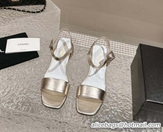 Stylish Chanel Calfskin Heel Sandals 6cm Gold 425052