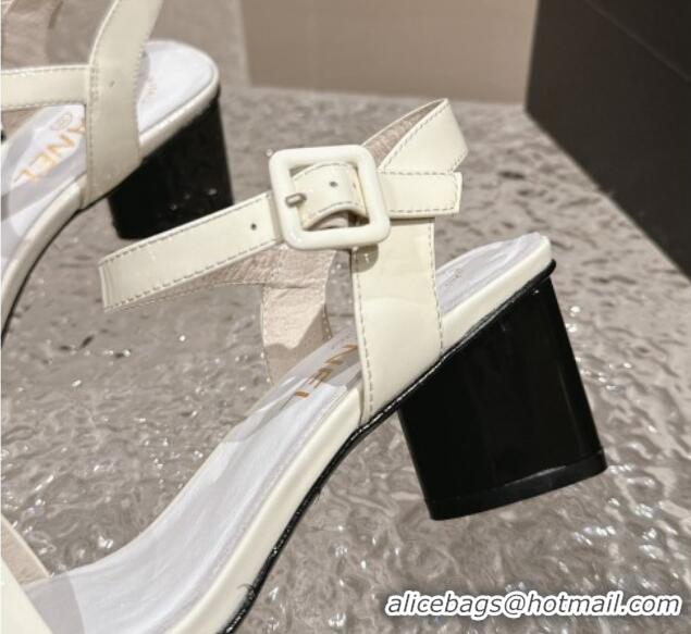 Perfect Chanel Patent Calfskin Heel Sandals 6cm White 425054