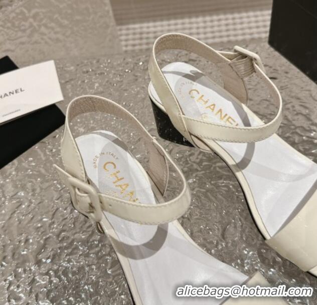 Perfect Chanel Patent Calfskin Heel Sandals 6cm White 425054