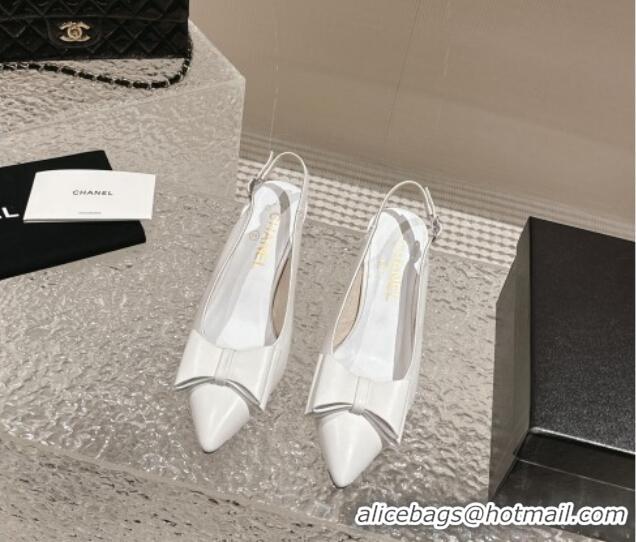 Good Quality Chanel Lambskin Slingback Pumps 6.5cm with Bow and Crystals White 425056