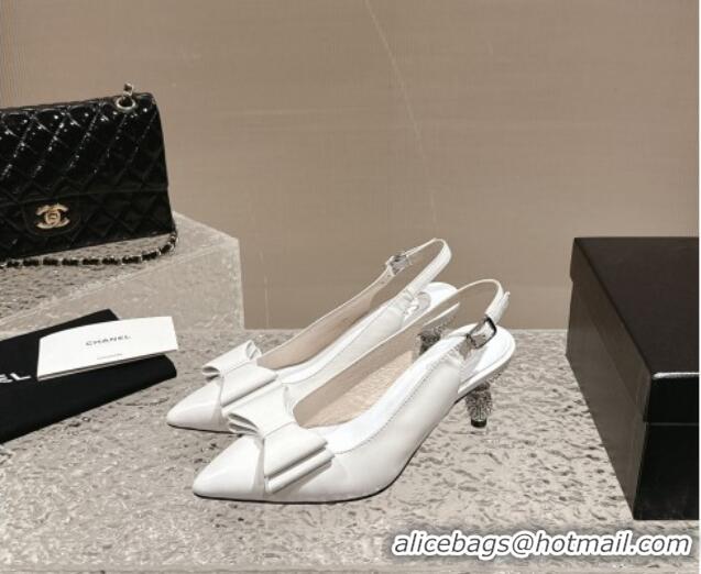 Good Quality Chanel Lambskin Slingback Pumps 6.5cm with Bow and Crystals White 425056