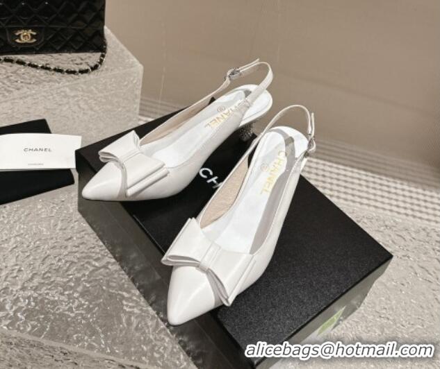 Good Quality Chanel Lambskin Slingback Pumps 6.5cm with Bow and Crystals White 425056