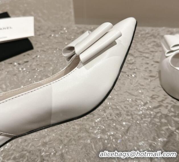 Good Quality Chanel Lambskin Slingback Pumps 6.5cm with Bow and Crystals White 425056