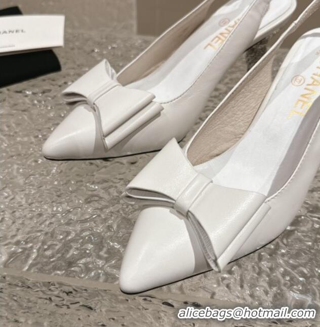 Good Quality Chanel Lambskin Slingback Pumps 6.5cm with Bow and Crystals White 425056