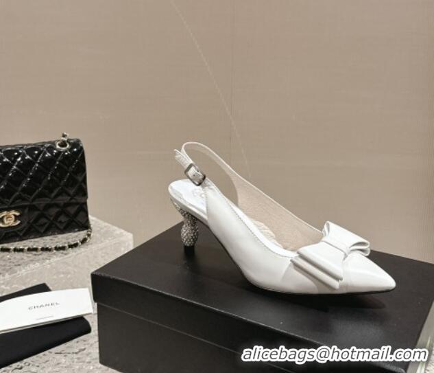 Good Quality Chanel Lambskin Slingback Pumps 6.5cm with Bow and Crystals White 425056