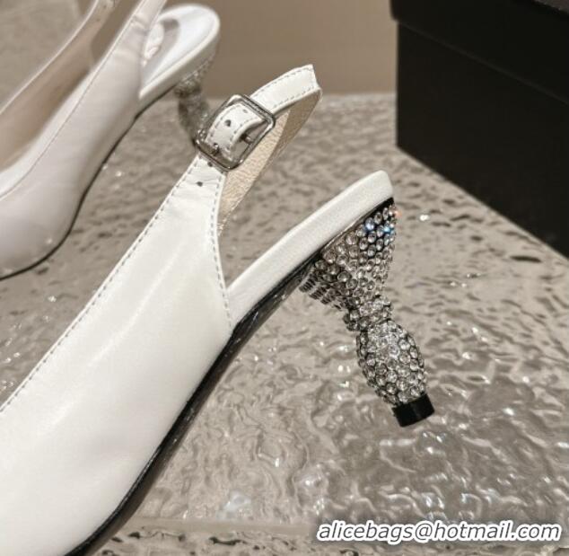 Good Quality Chanel Lambskin Slingback Pumps 6.5cm with Bow and Crystals White 425056