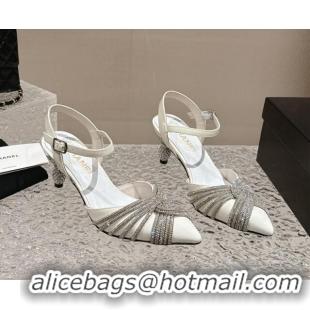 Grade Quality Chanel Patent Calfskin Slingback Pumps 6.5cm with Crystals Strap White 425057