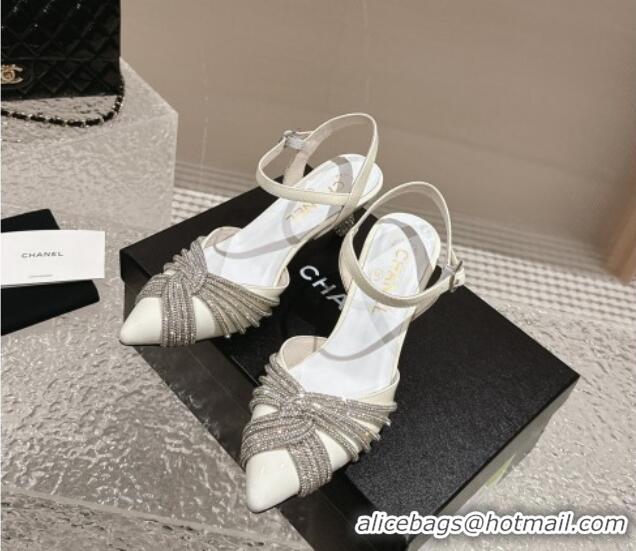 Grade Quality Chanel Patent Calfskin Slingback Pumps 6.5cm with Crystals Strap White 425057