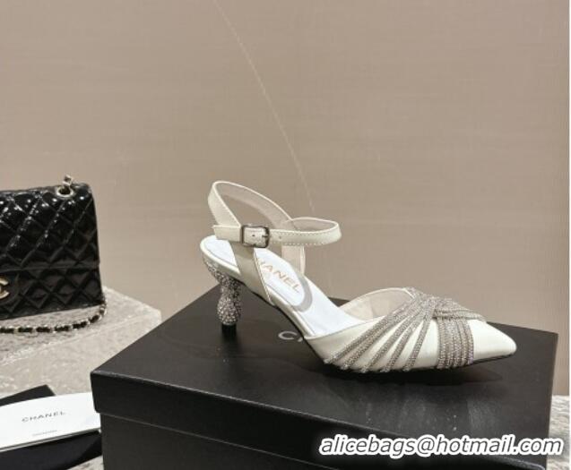 Grade Quality Chanel Patent Calfskin Slingback Pumps 6.5cm with Crystals Strap White 425057