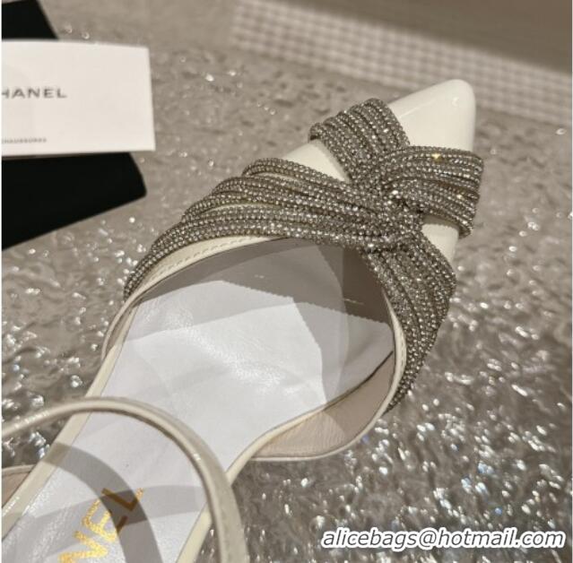 Grade Quality Chanel Patent Calfskin Slingback Pumps 6.5cm with Crystals Strap White 425057