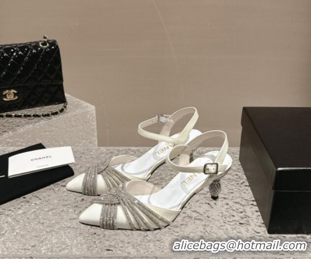 Grade Quality Chanel Patent Calfskin Slingback Pumps 6.5cm with Crystals Strap White 425057