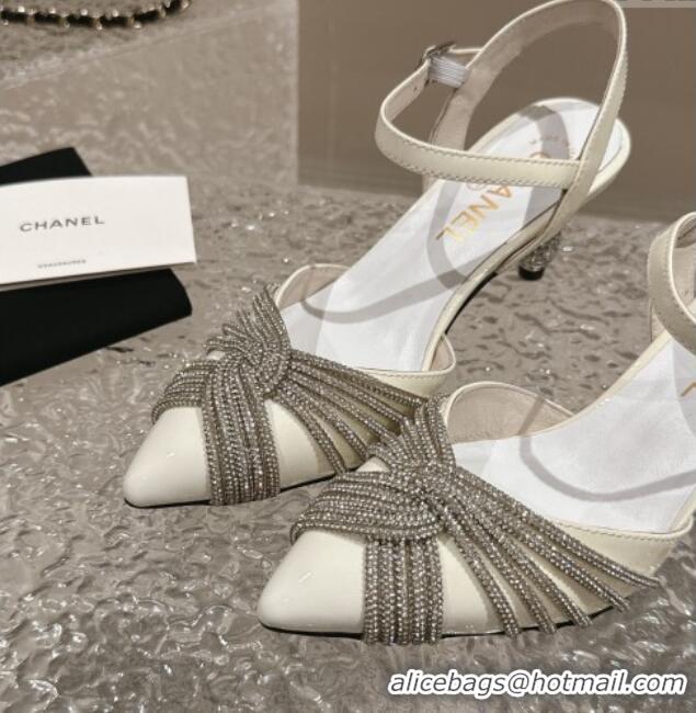 Grade Quality Chanel Patent Calfskin Slingback Pumps 6.5cm with Crystals Strap White 425057